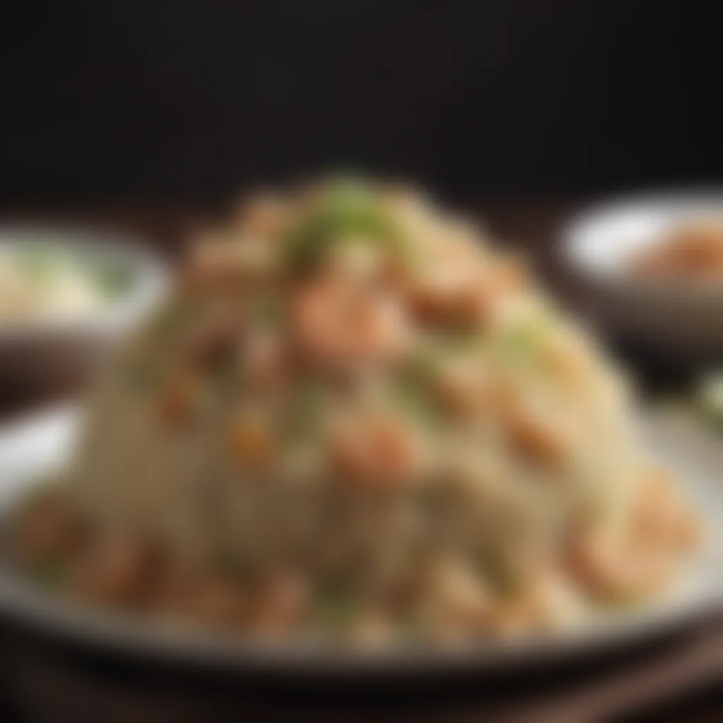 Garnishing fried rice with scallions