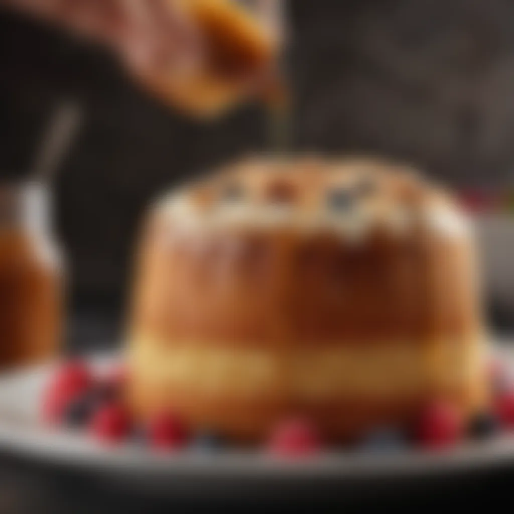 Decadent sponge cake being gently brushed with syrup