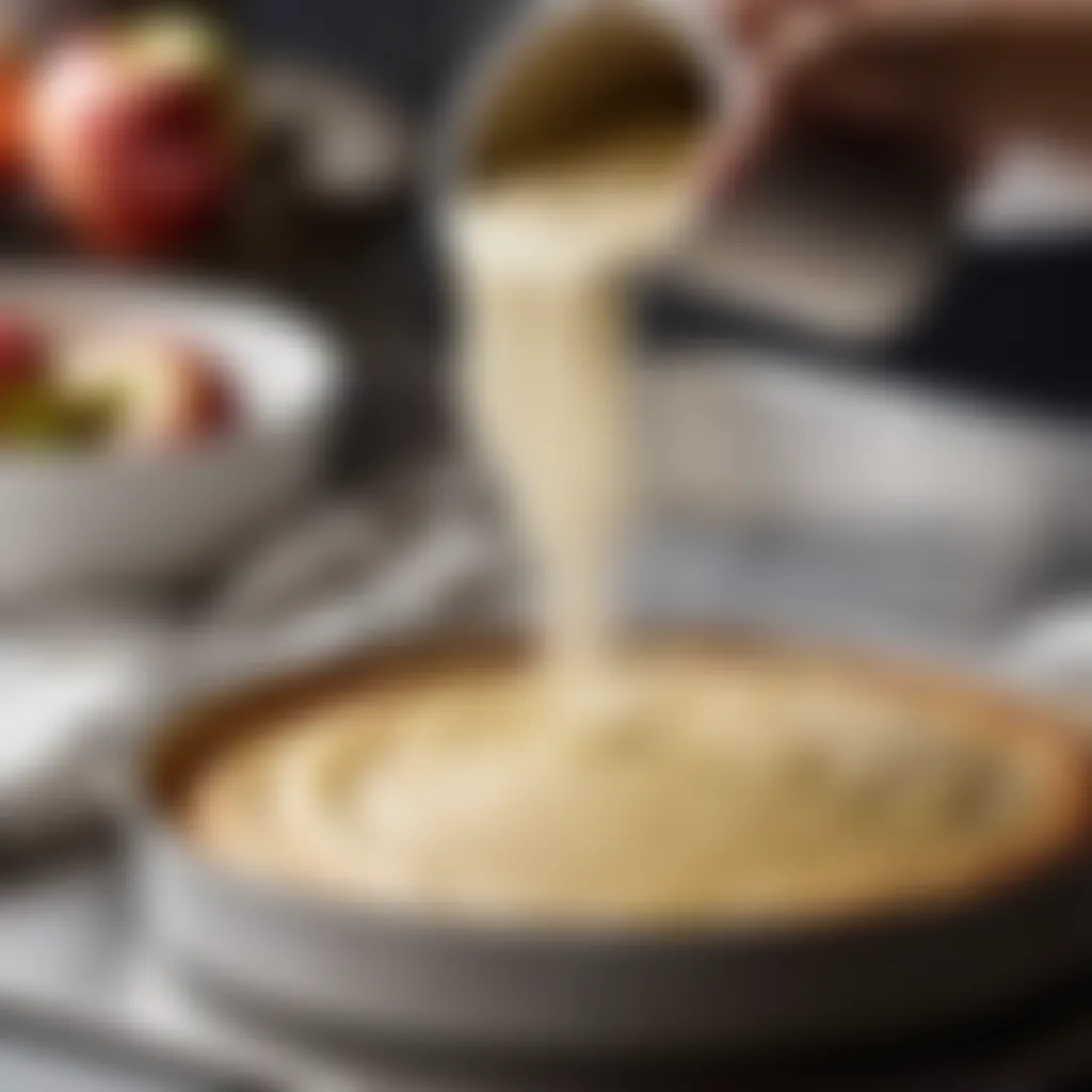 Cake batter being poured into a baking pan