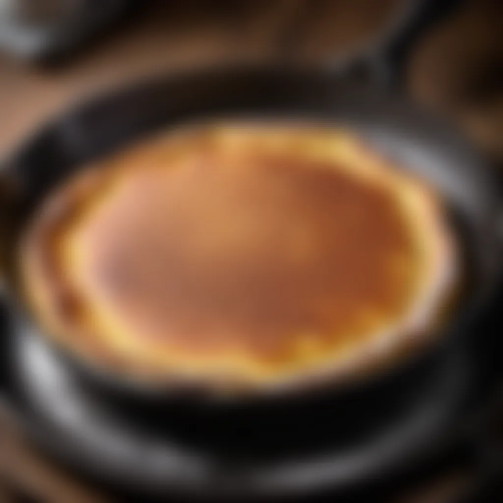 Close-up of a golden-brown German pancake sizzling on a skillet