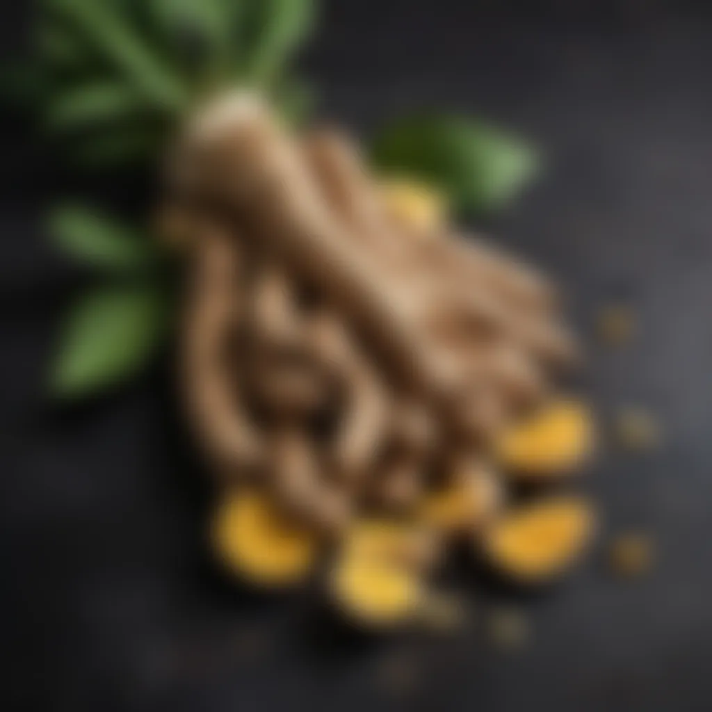 Fresh ginger root on a dark textured surface