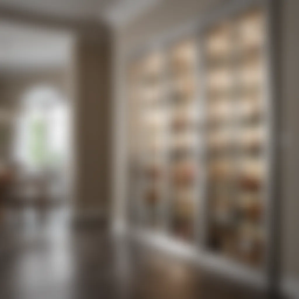 Luxurious interior of a kitchen featuring a glass door pantry cabinet