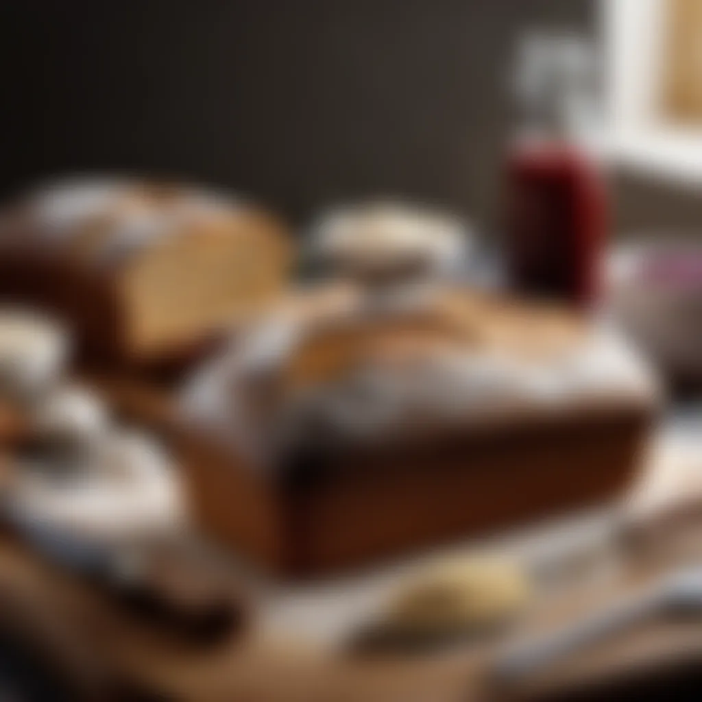 Gluten-free bread loaf with ingredients and utensils on a table