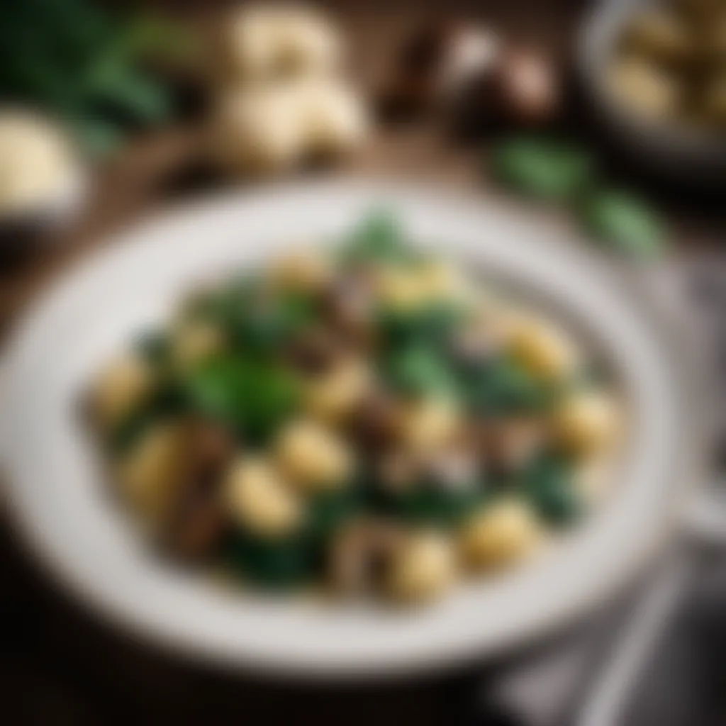 Cooked gnocchi with mushrooms and spinach