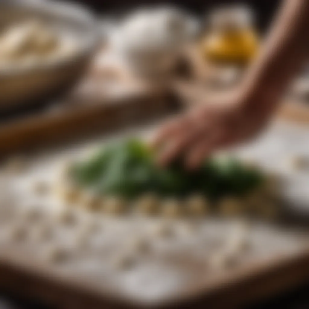 Homemade gnocchi being rolled on a floured surface