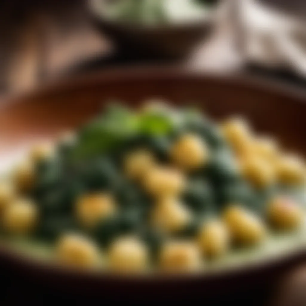 Cooked gnocchi with spinach sauce