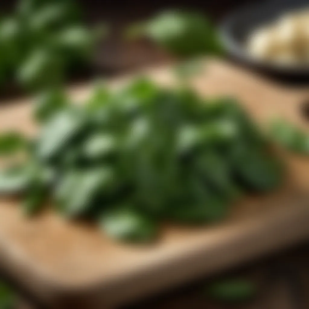 Spinach leaves on a wooden cutting board