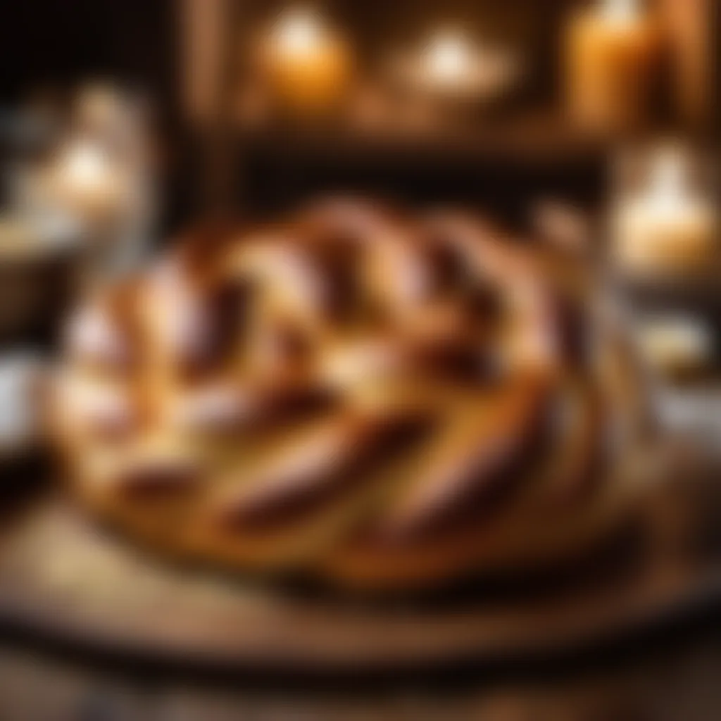 Golden braided challah in a rustic setting