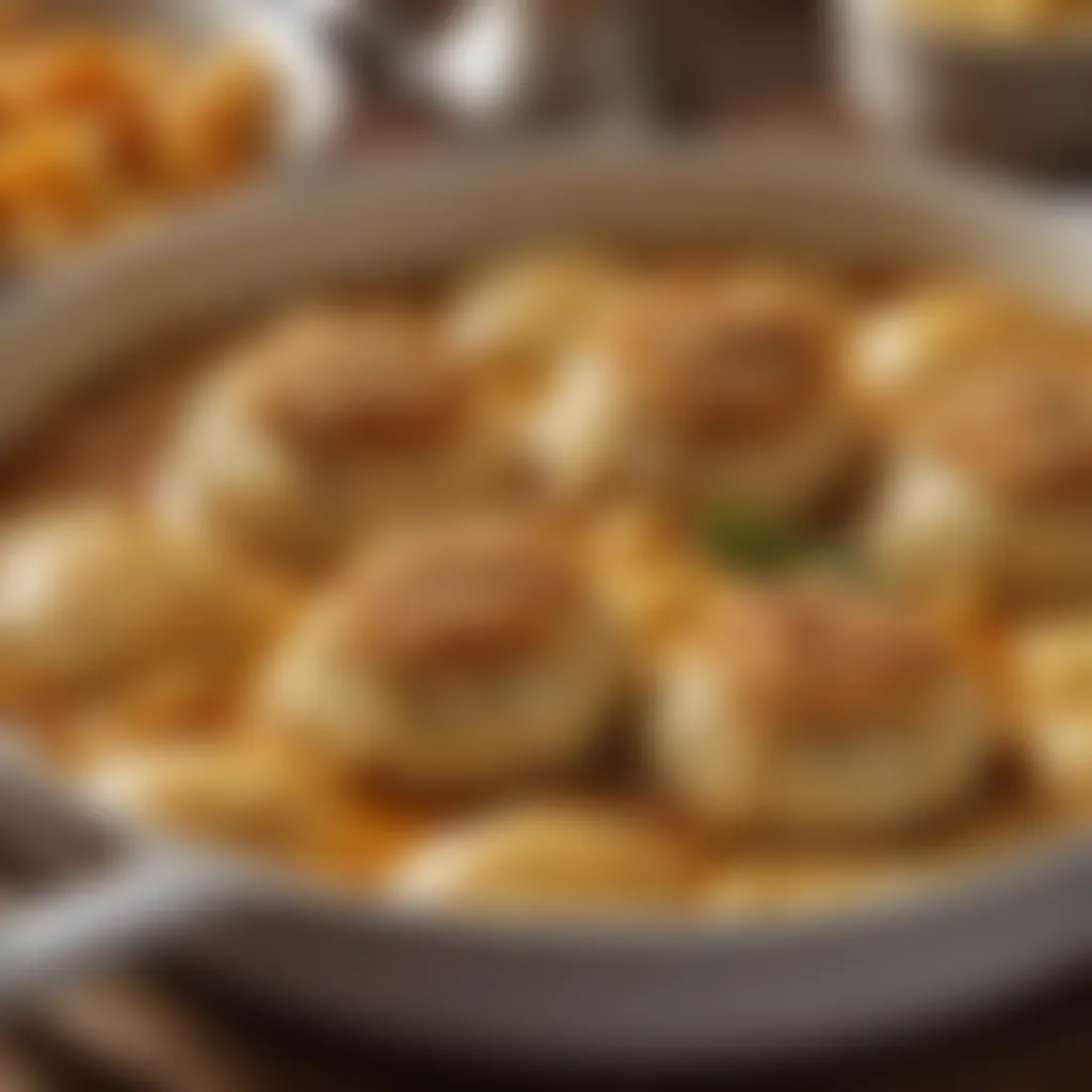 Close-up of golden-brown crust on the top of the chicken dumplings casserole