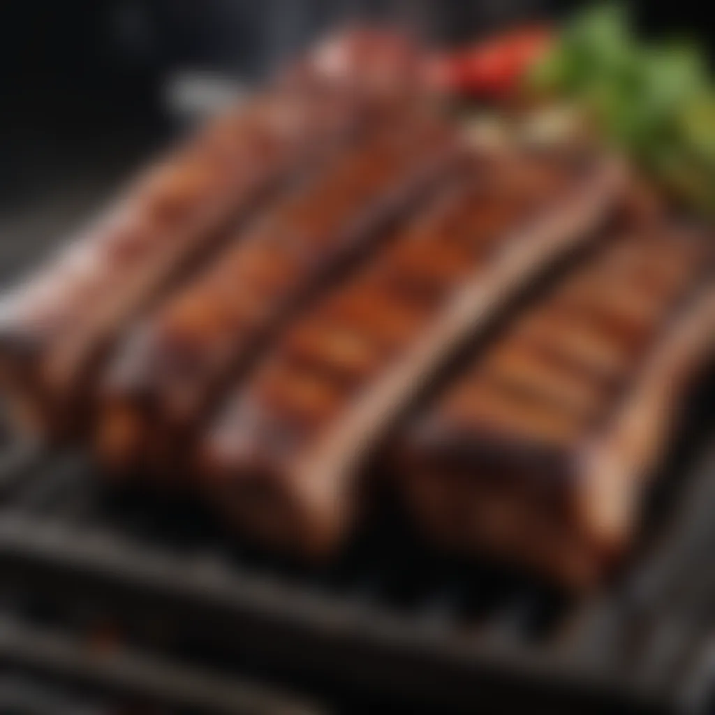 Golden-brown pork ribs sizzling on the grill