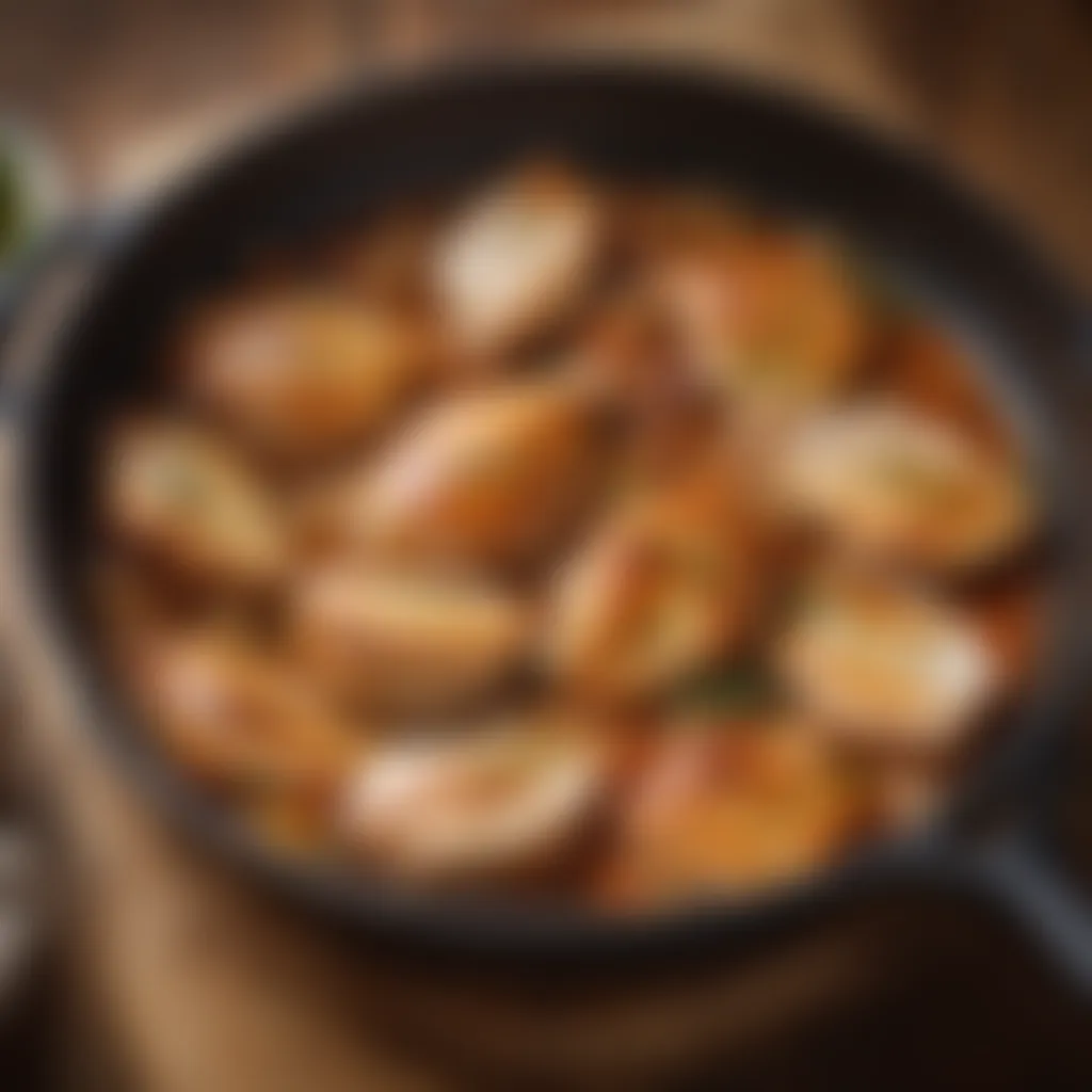 Golden-brown seared chicken pieces in a cast-iron skillet