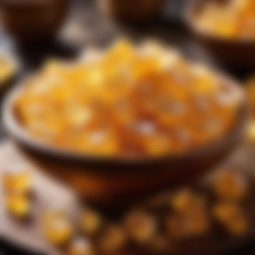 Golden sugar crystals in a wooden bowl