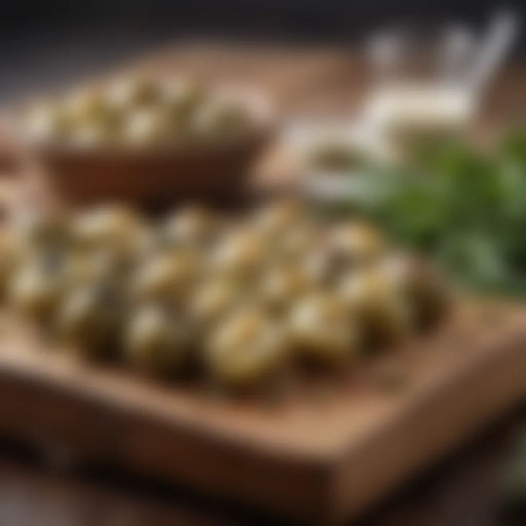 Elegant display of gorgonzola stuffed olives garnished with herbs