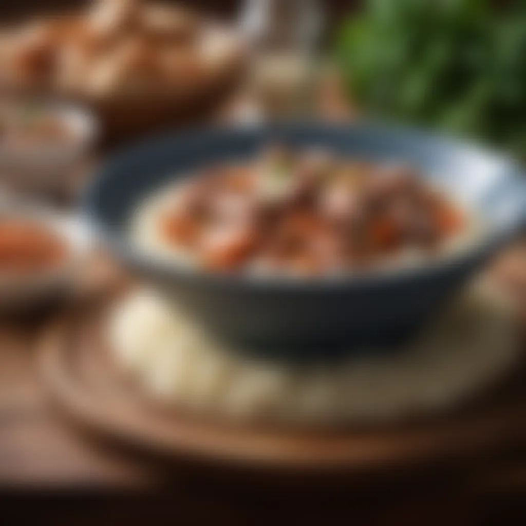 Gourmet plating of pork stew with rice and beans