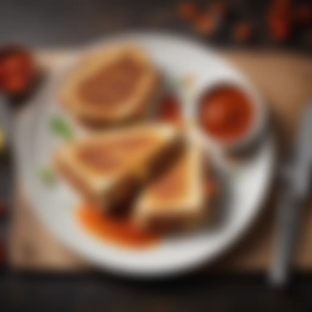 An artistic arrangement of grilled cheese and tomato sauce with fresh ingredients