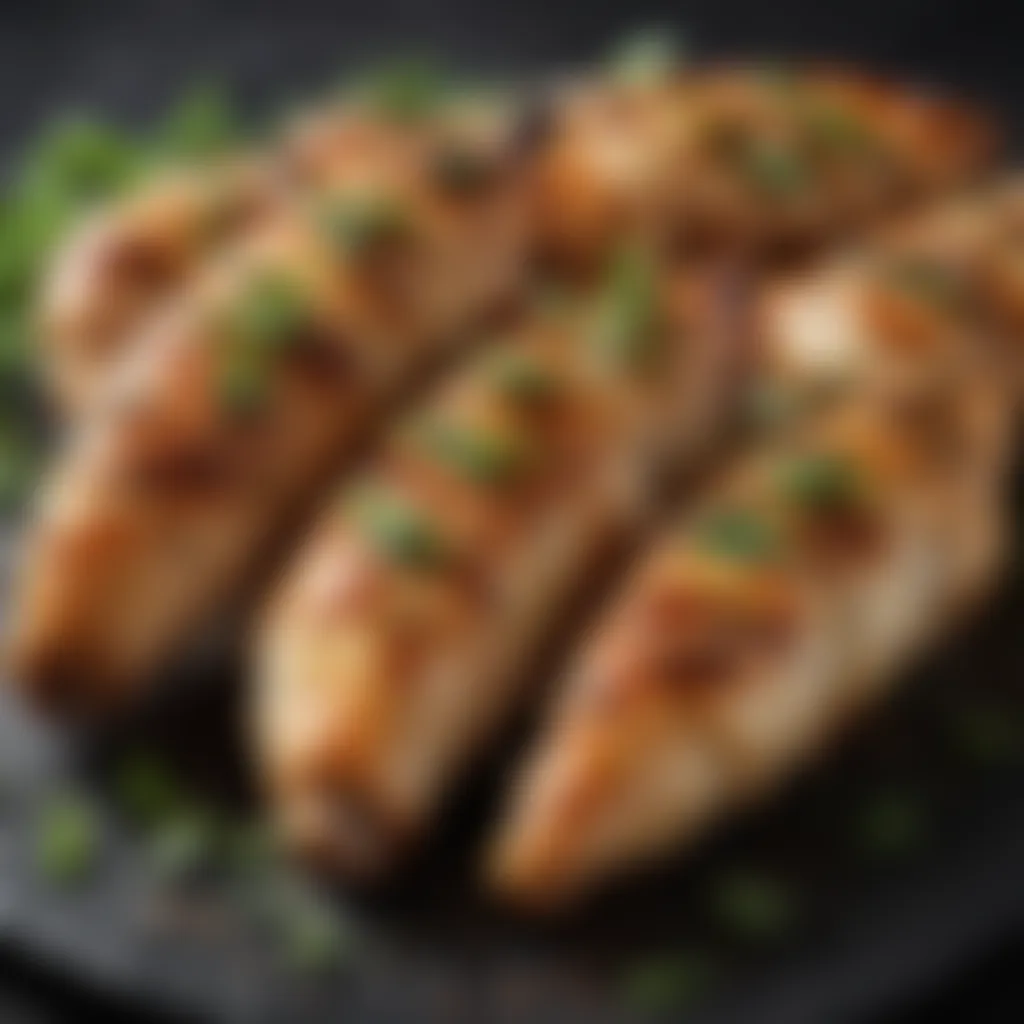 Close-up of grilled chicken tenders garnished with fresh herbs emphasizing the importance of seasoning.