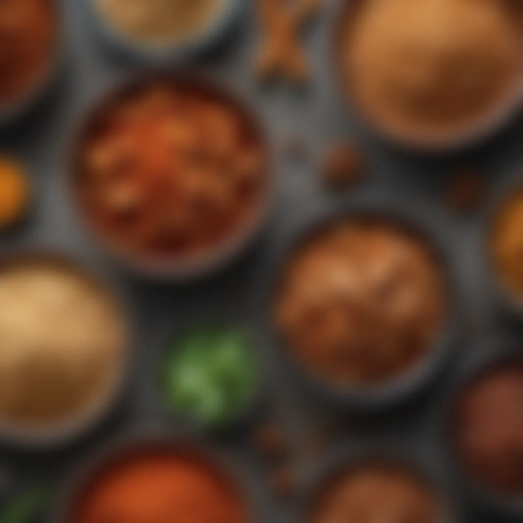 A variety of spices arranged in bowls showcasing potential grilled chicken tender seasonings.