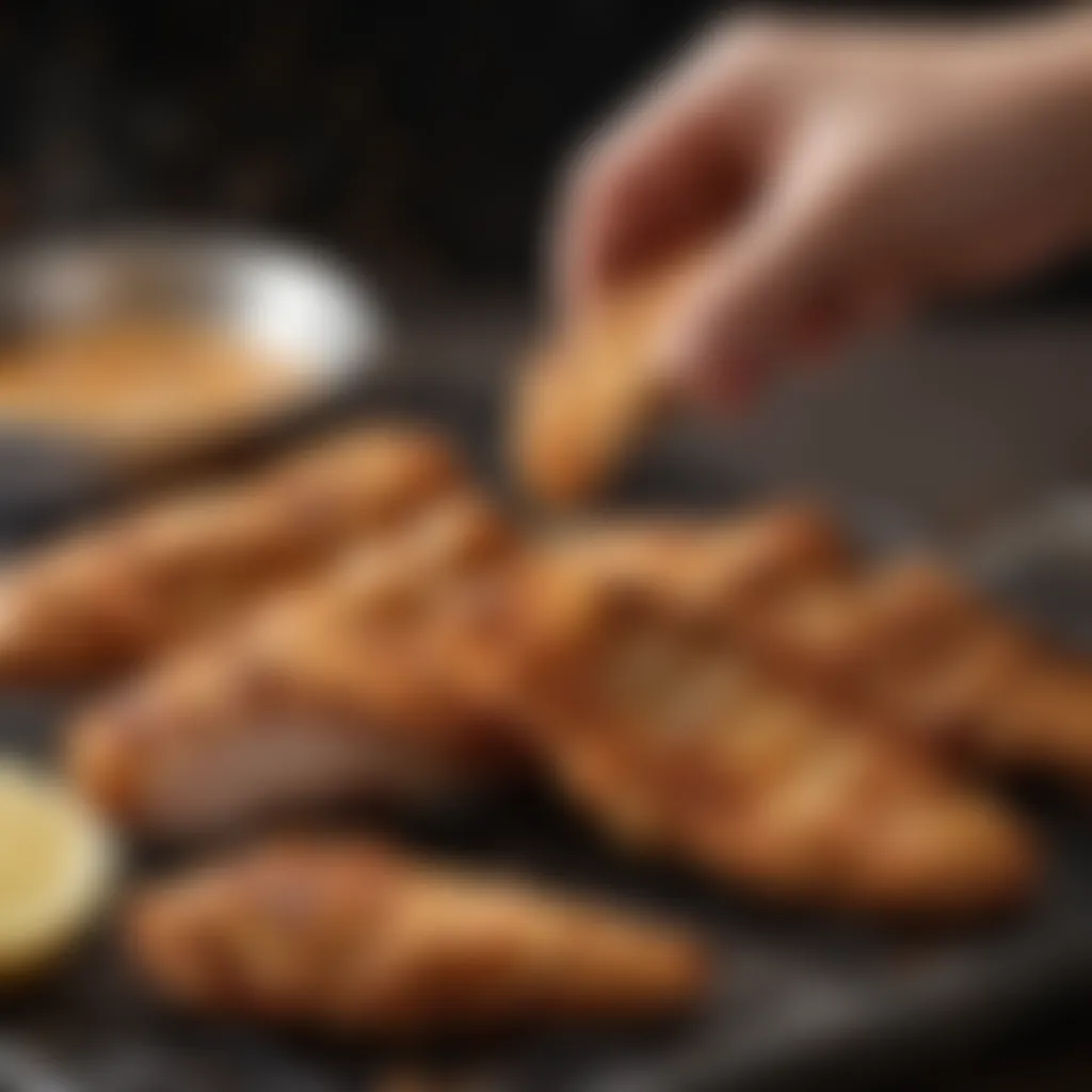 A spice blend being sprinkled on chicken tenders highlighting the application of seasonings.