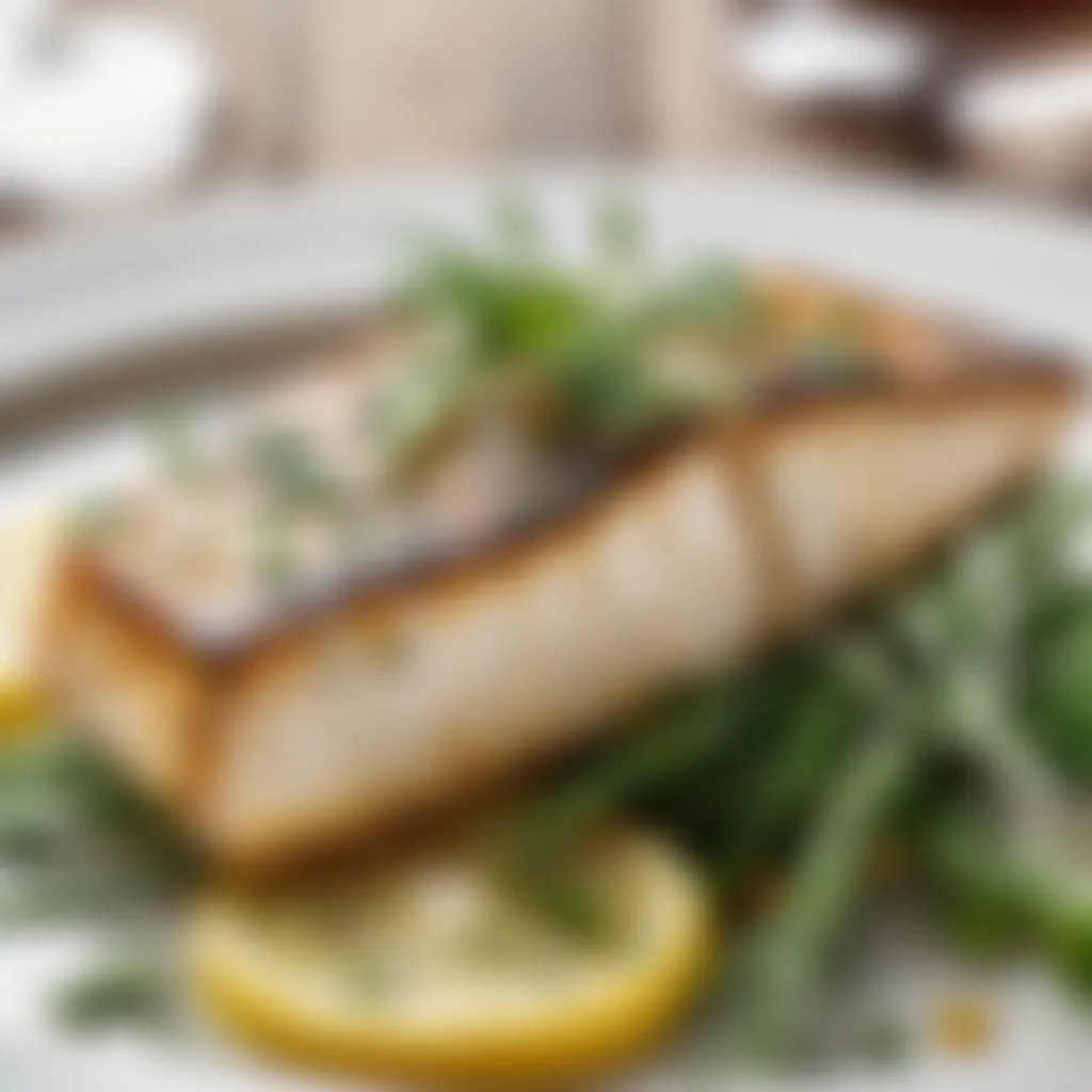 Grilled halibut fillet with a garnish of fresh herbs