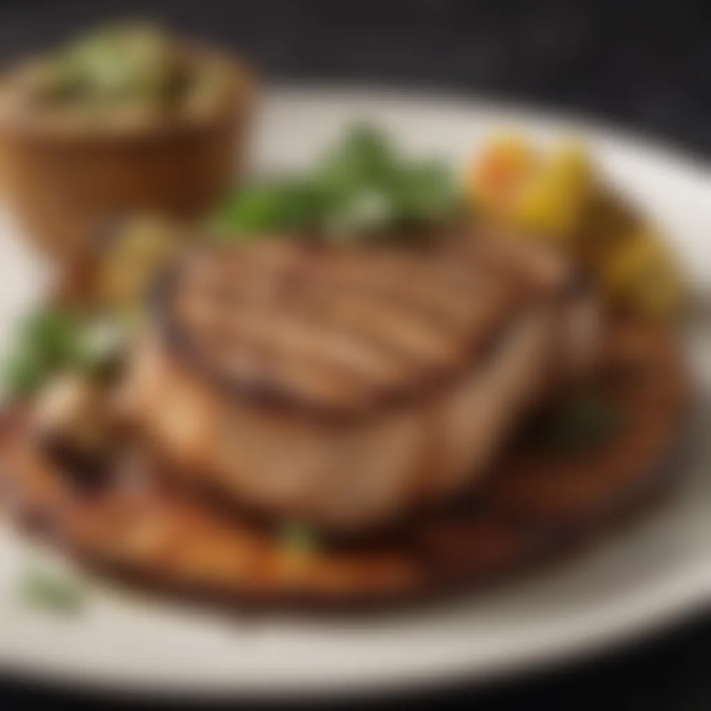 Perfectly grilled pork chops plated elegantly with garnishes.