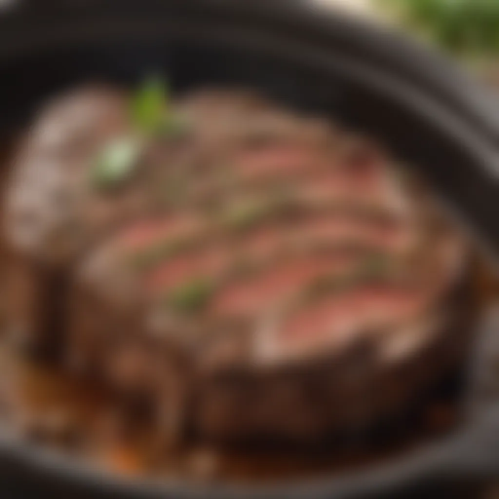 Sizzling steak in crockpot with herbs