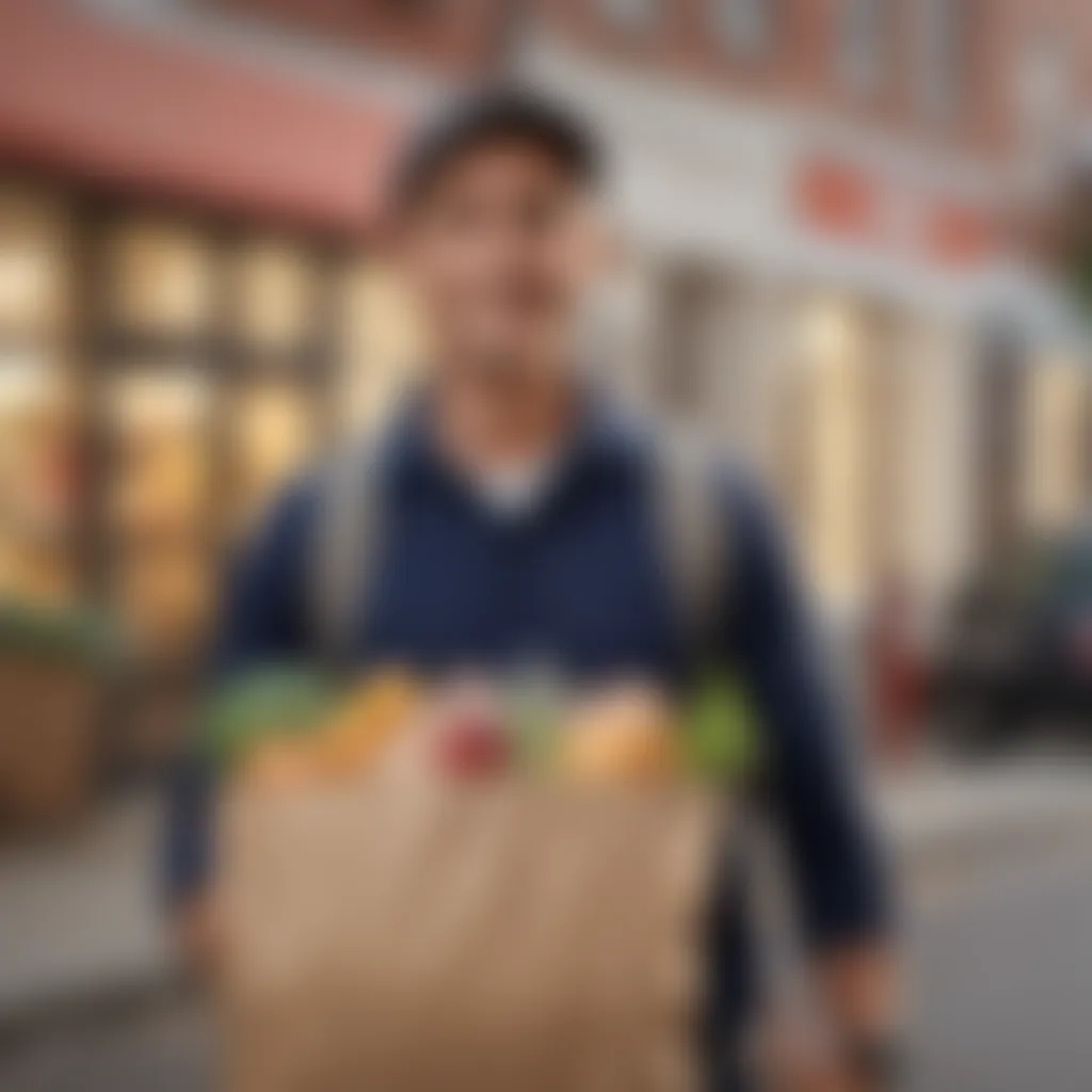 An illustration of a delivery person with grocery bags