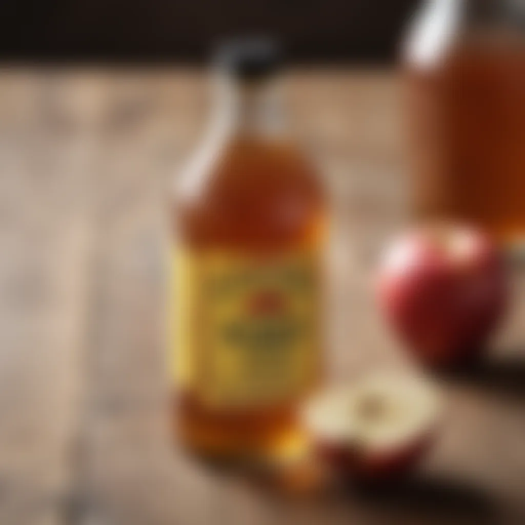 A close-up of a bottle of apple cider vinegar on a wooden table