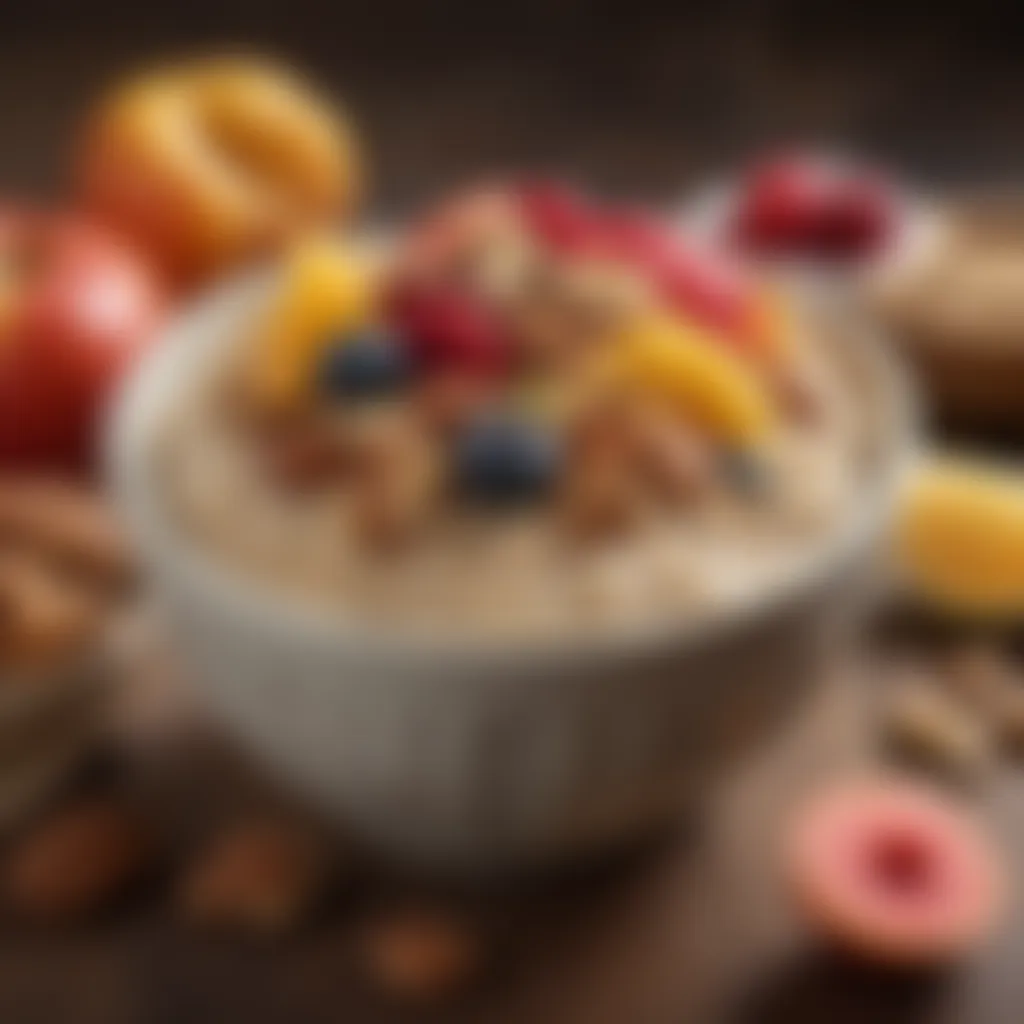 A bowl of instant oatmeal topped with fresh fruits and nuts