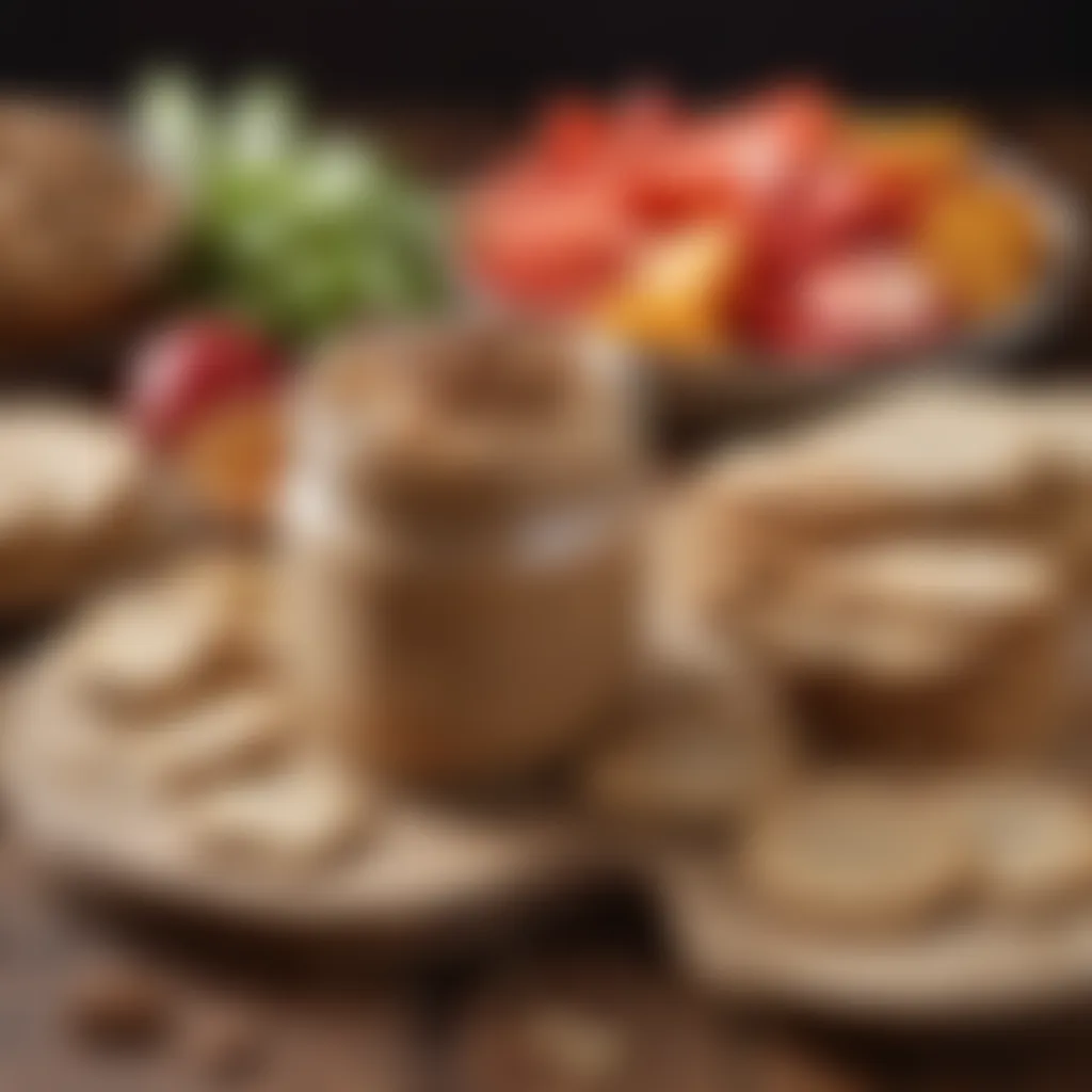 A jar of homemade nut butter alongside sliced fruits and whole grain crackers.