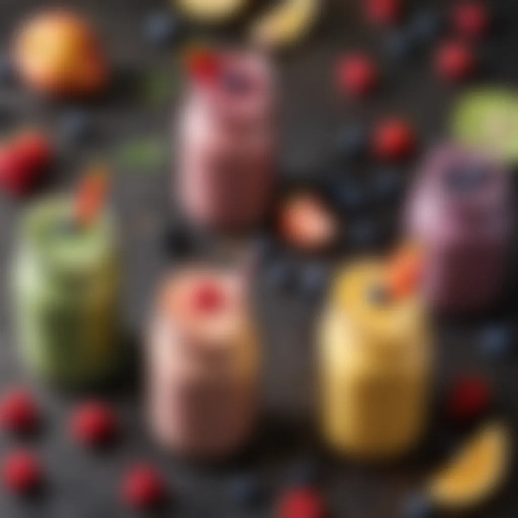 Colorful assortment of protein-rich smoothies in jars, garnished with fresh fruits.