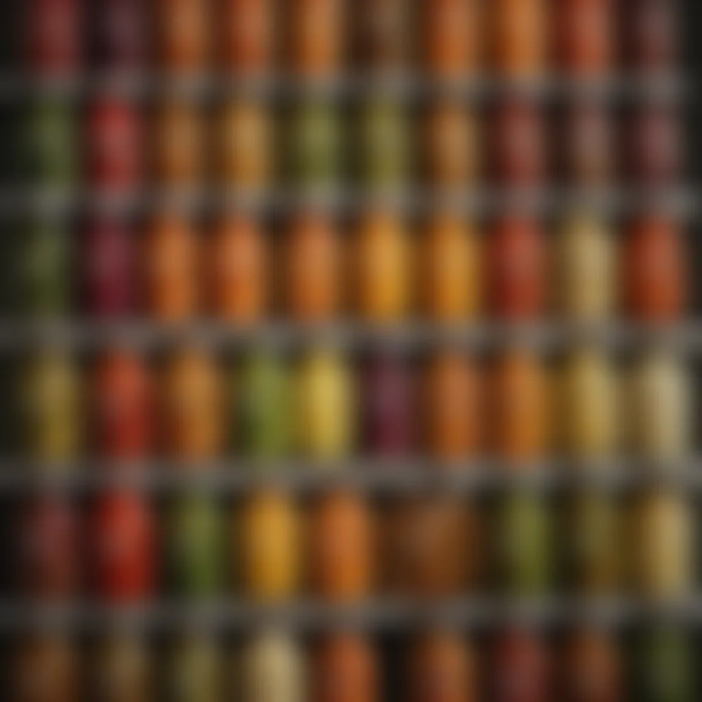 A colorful display of different salad dressings in jars