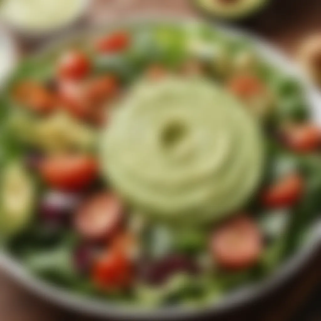 A close-up of a creamy avocado dressing over a salad