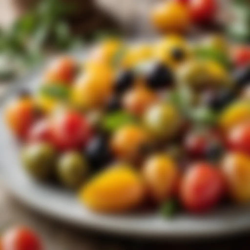 Vibrantly colored heirloom tomatoes and olives