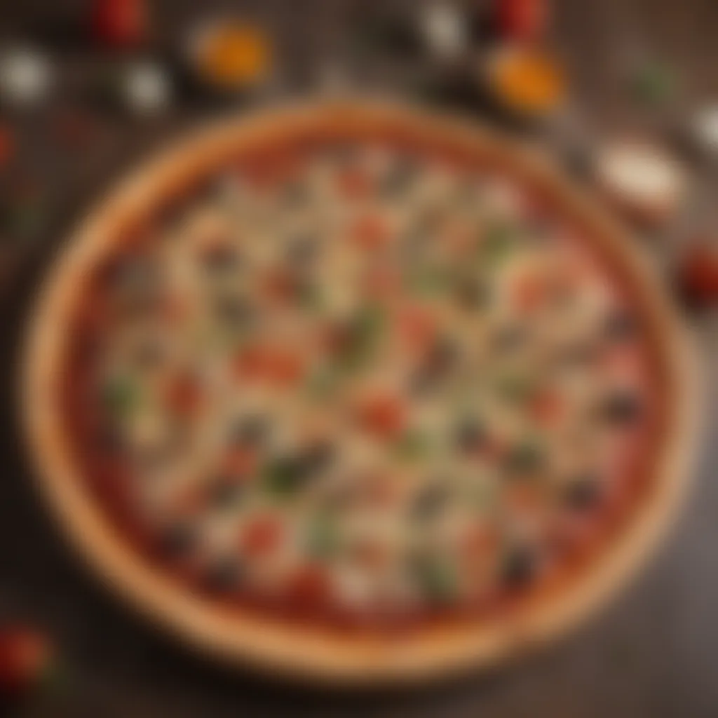 Aerial view of a high rise pizza showcasing multiple layers of toppings and crust.