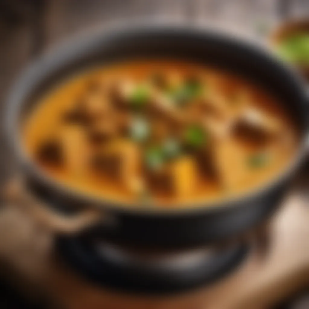 Bubbling pot of Hokkaido curry on a rustic wooden table