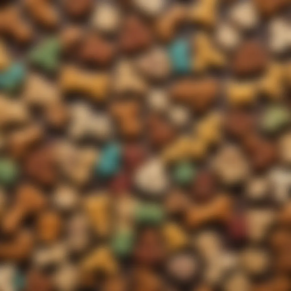 A variety of colorful homemade dog treats arranged on a wooden surface