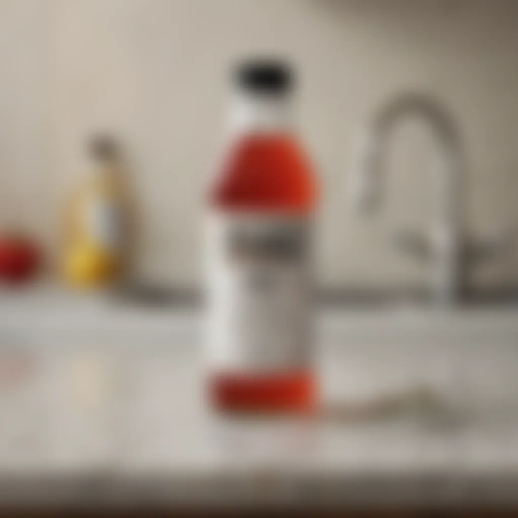 Bottle of vinegar and a measuring cup on a countertop