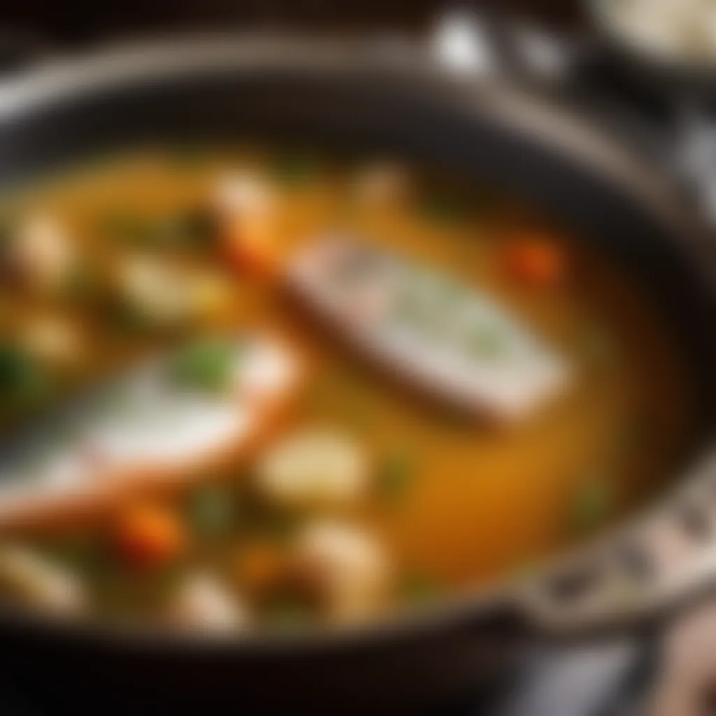 Homemade fish broth simmering on stovetop