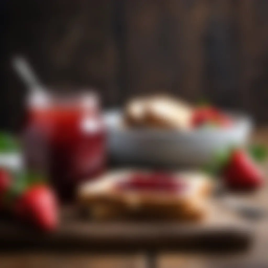 Homemade strawberry jam jar with a slice of toast on a wooden table