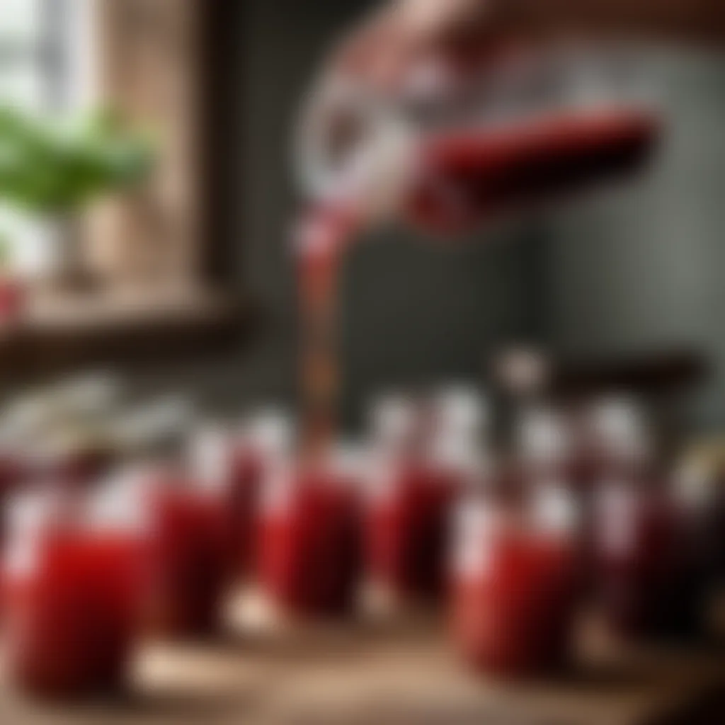 Pouring the homemade strawberry jam into sterilized jars