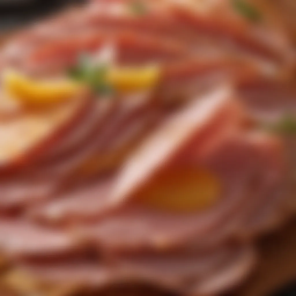 Close-up of succulent honey baked ham slices with caramelized edges