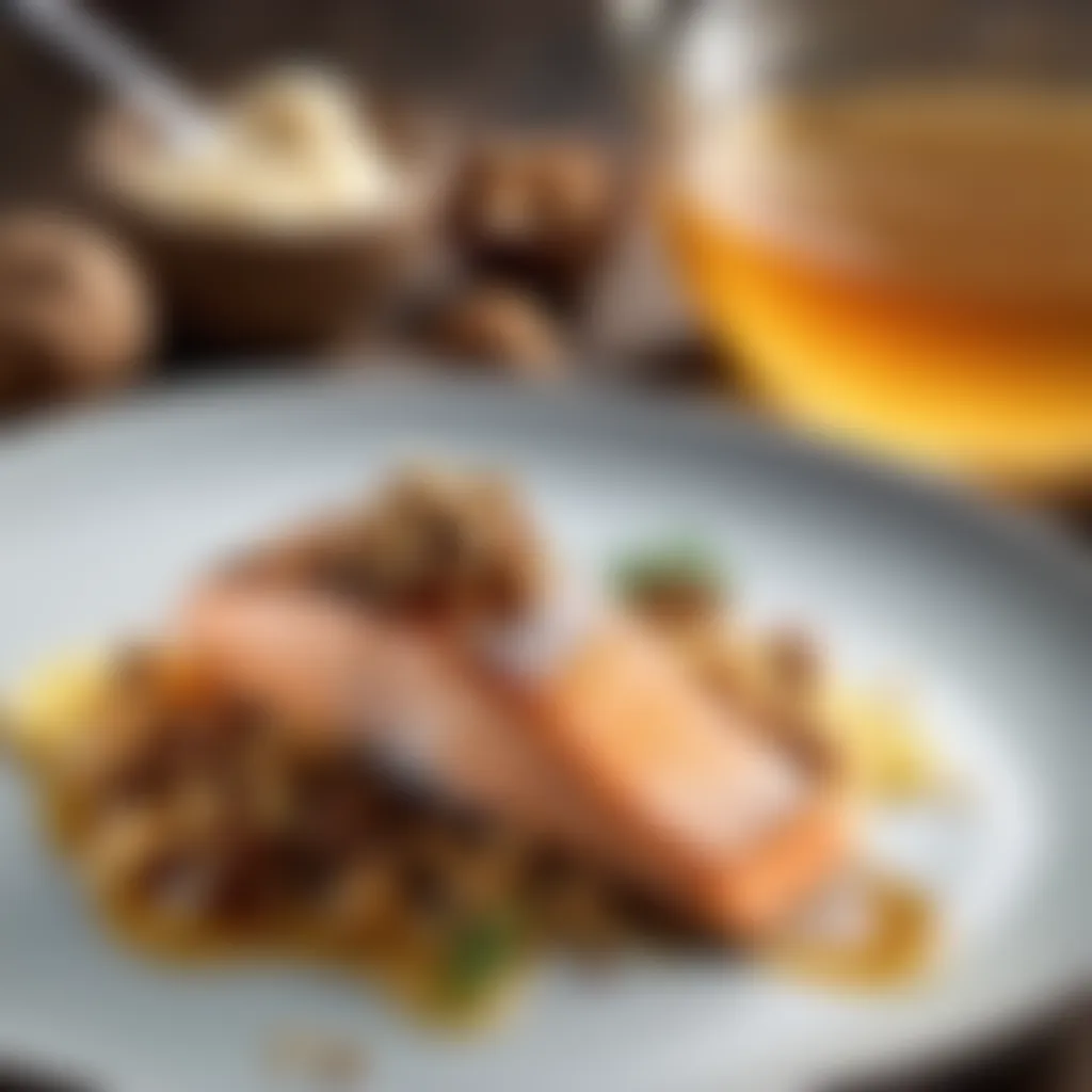 Elegant salmon fillet adorned with honey and walnuts