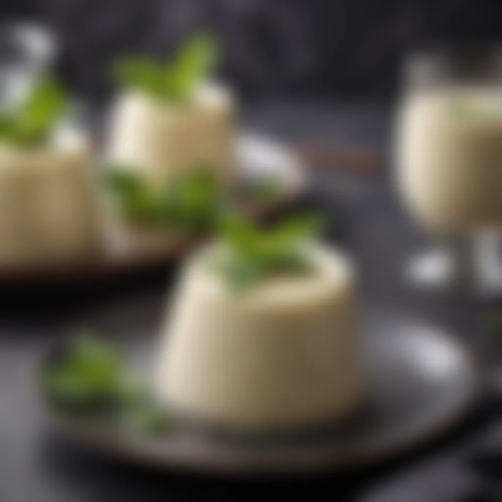 A creamy vanilla panna cotta garnished with mint leaves