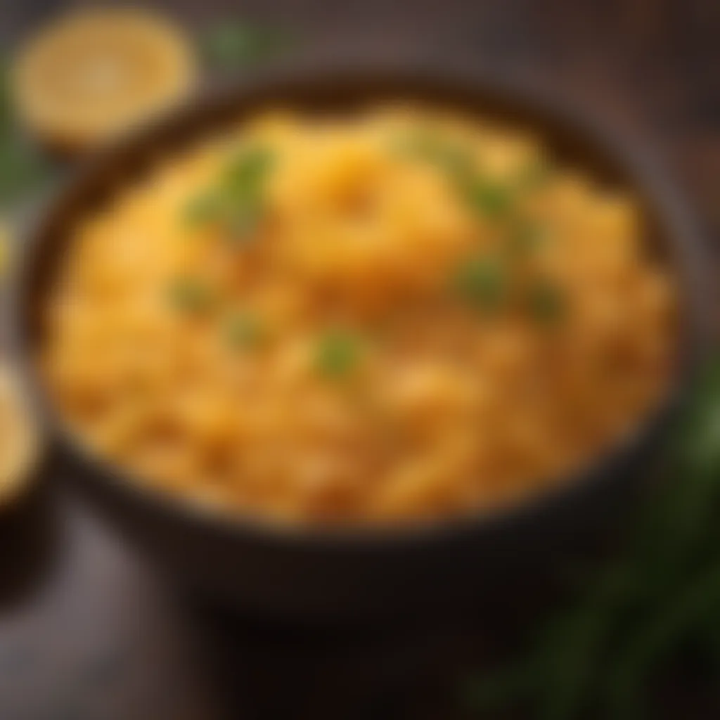 Close-up of orange rice garnished with fresh herbs