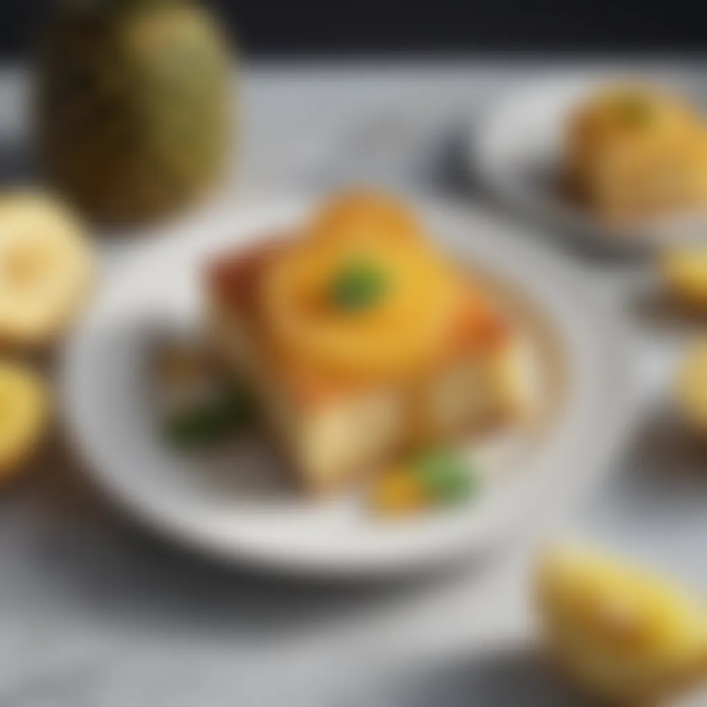 Plated Slice of Pineapple Upside Down Cake A beautifully plated slice of pineapple upside down cake garnished with mint