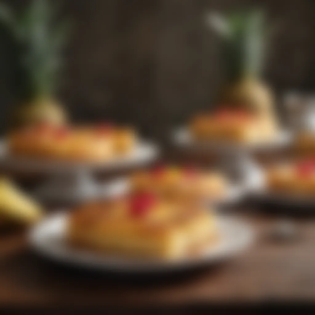 A variety of pineapple upside down cake versions displayed on a table