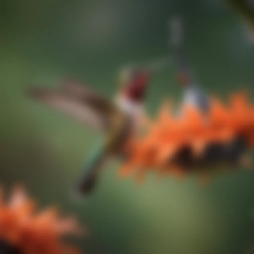 Vibrant hummingbird hovering near a feeder filled with nectar