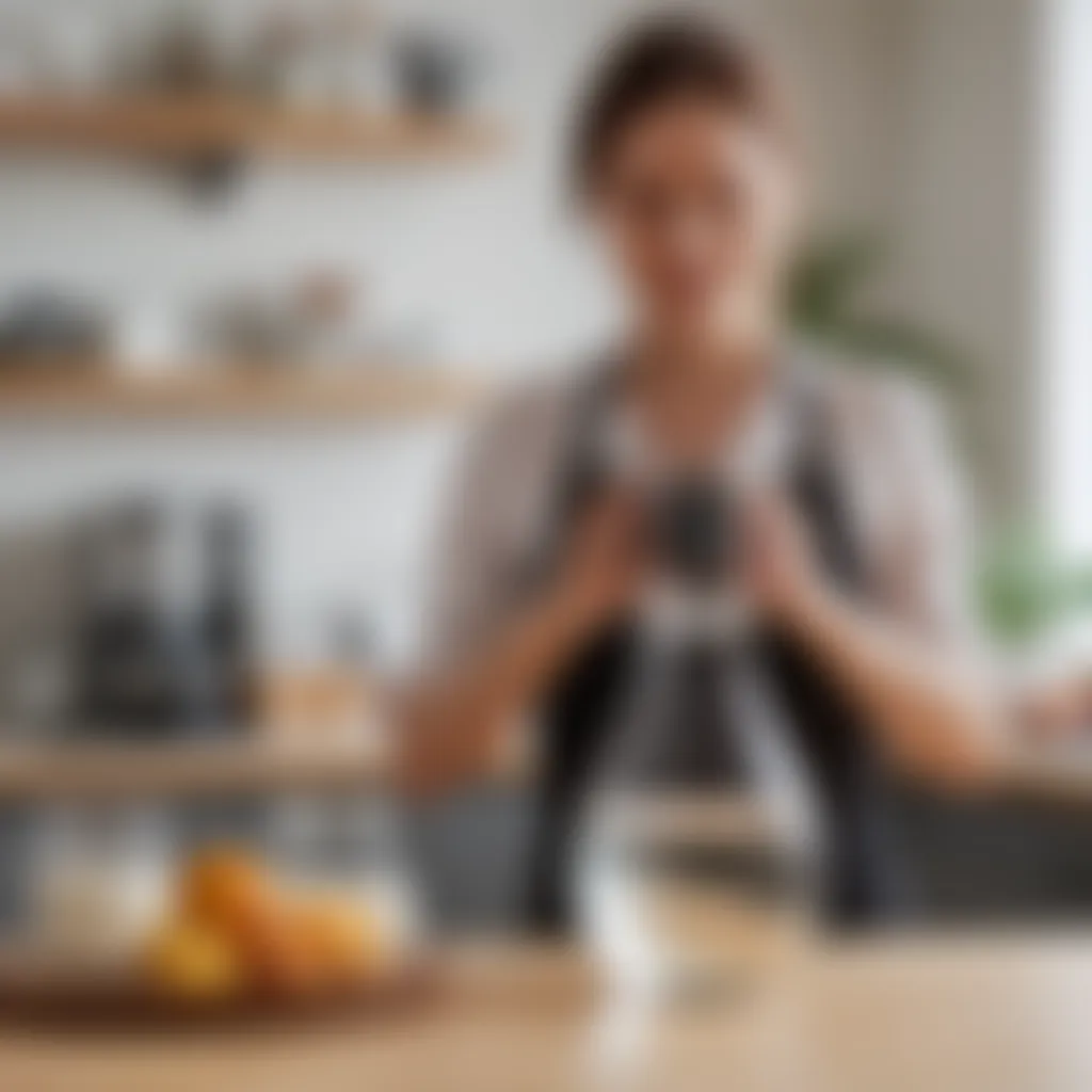 User enjoying hydration with Hydros Carafe in a minimalistic kitchen