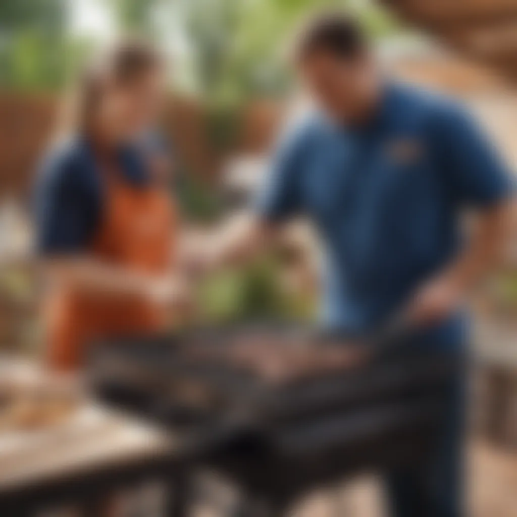 A knowledgeable staff member assisting a customer with grill parts