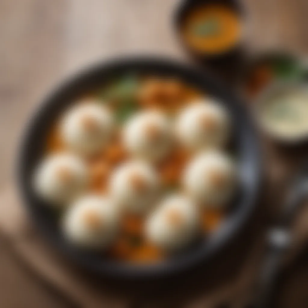 Delicious Idli Served with Authentic South Indian Accompaniments Variety of idli accompaniments like chutney and sambar